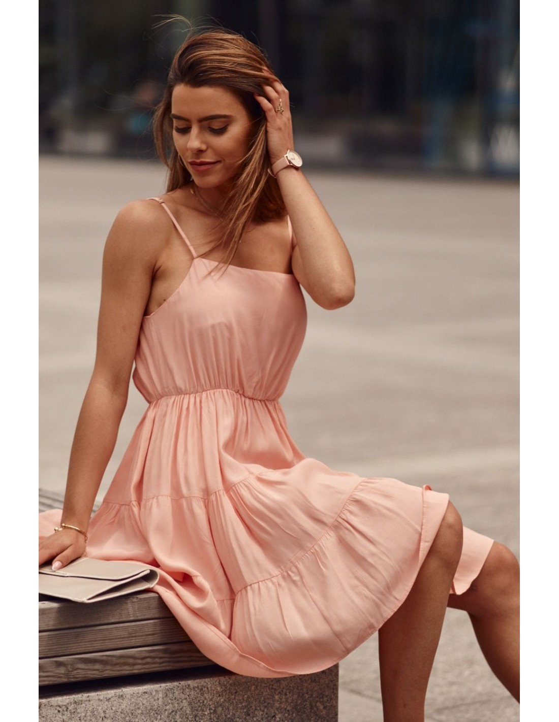 Dress with thin straps and ruffles, powdery PR3214 - Online store - Boutique